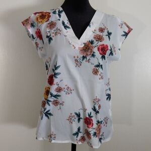 Floral V-Neck Blouse- White with Multicolor Flowers Elegant Sheer